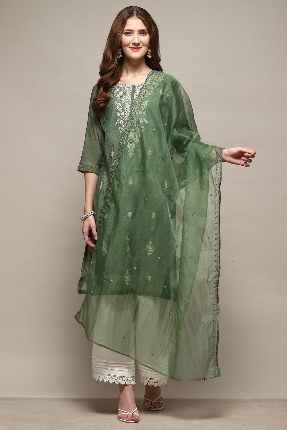 Green Embroidered Nylon Dupatta image number 2