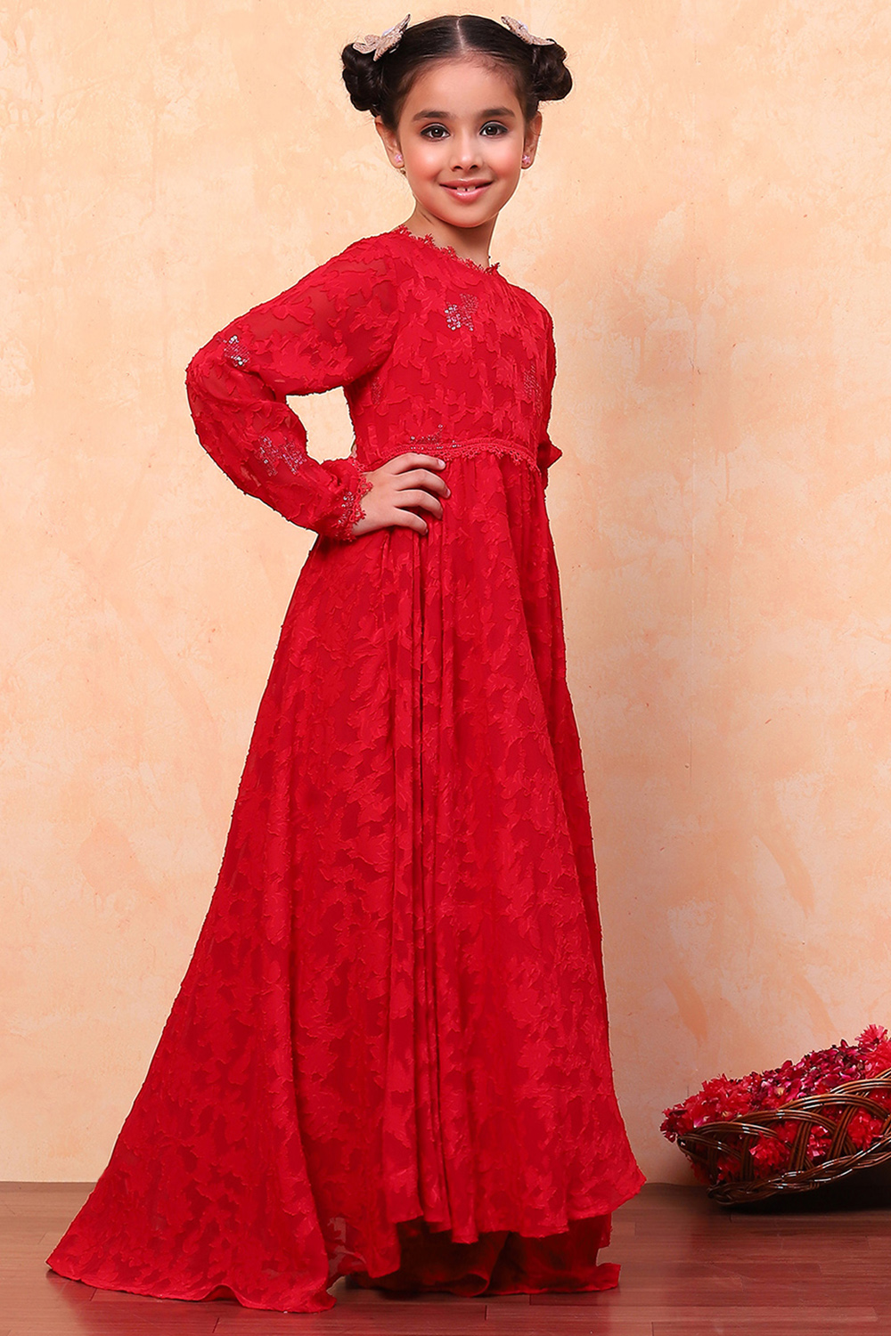 Red Jacquard Floral Self-Design Gathered Festive Gown image number 2