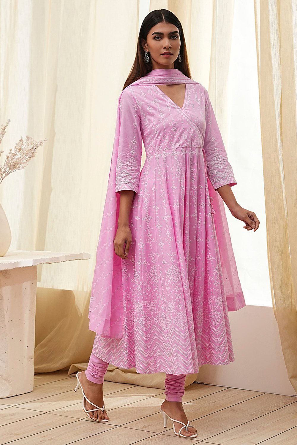 Off-White and Pink Cotton Anarkali Suit Set image number 5