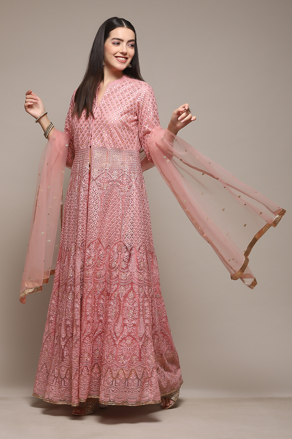 Dusky Pink Polyester Front Open Kurta Lehenga Set image number 8