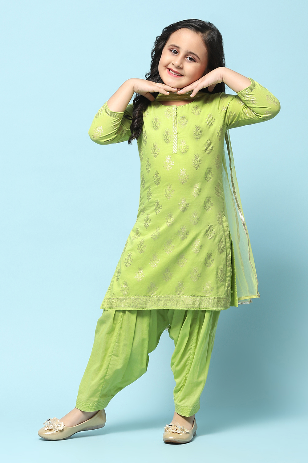 Turquoise Cotton Straight Printed Kurta Patiala Salwar Suit Set image number 0