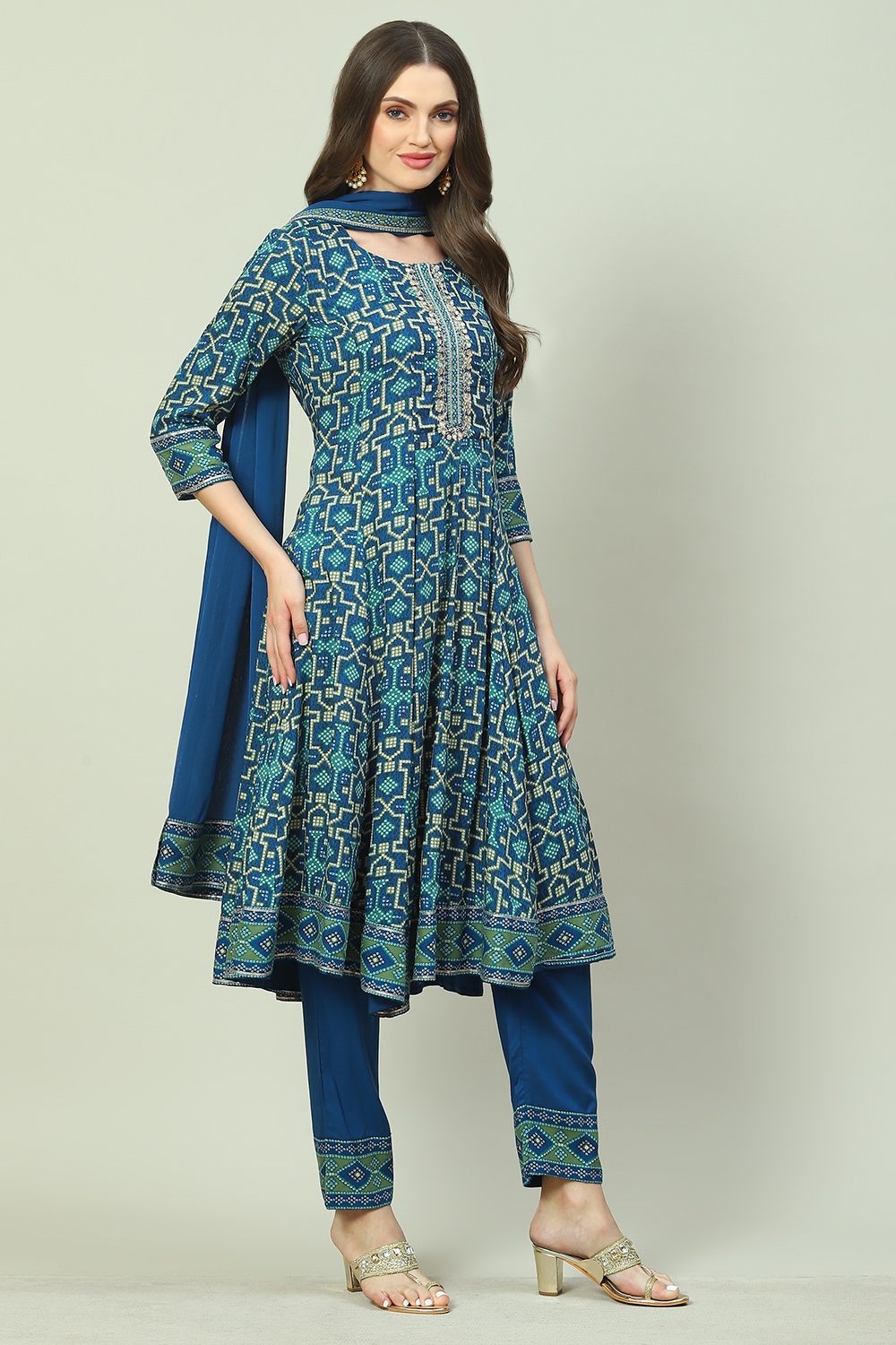 Indigo LIVA Kalidar Kurta Pant Suit Set image number 0