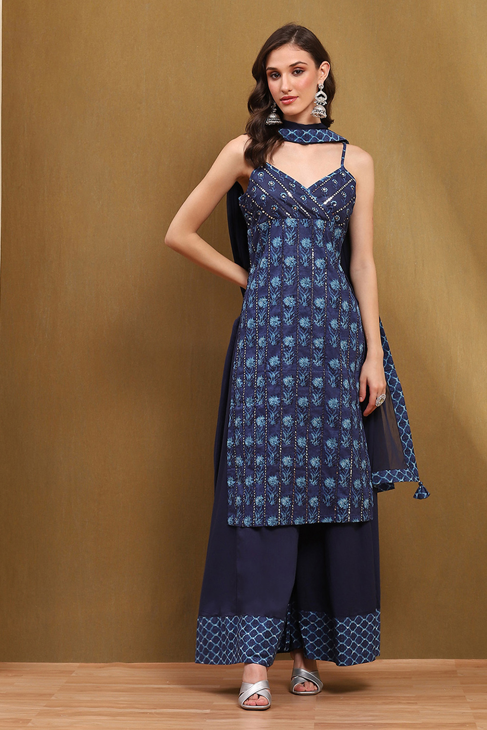 Indigo Cotton Floral Mirror Work Straight Suit Set image number 6