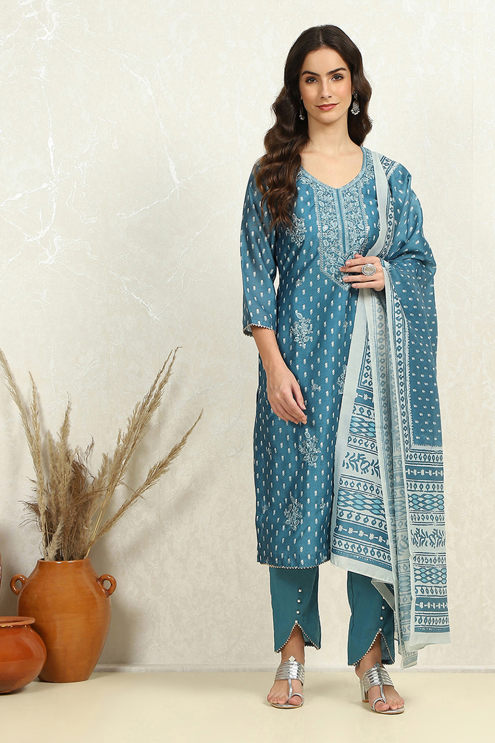 Blue Chanderi Floral Printed Unstitched Suit Set image number 1