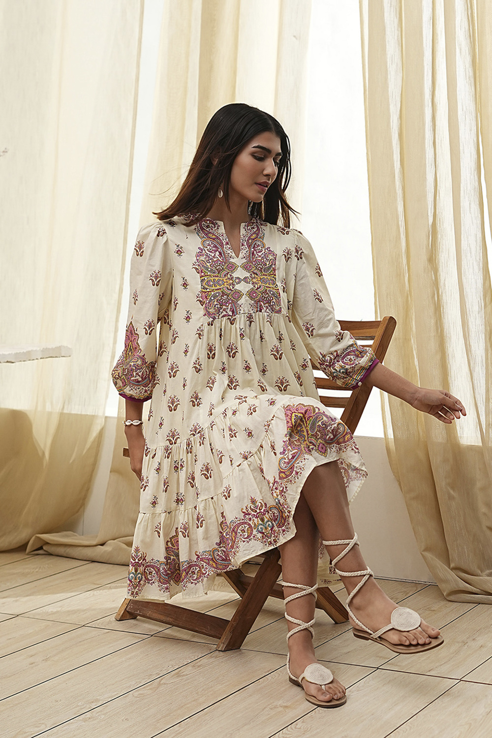 Beige Cotton Tiered Printed Kurta image number 6