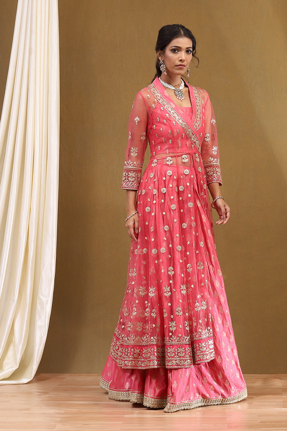 Pink Floral Butterfly Net Festive Anarkali Lehenga Set image number 6