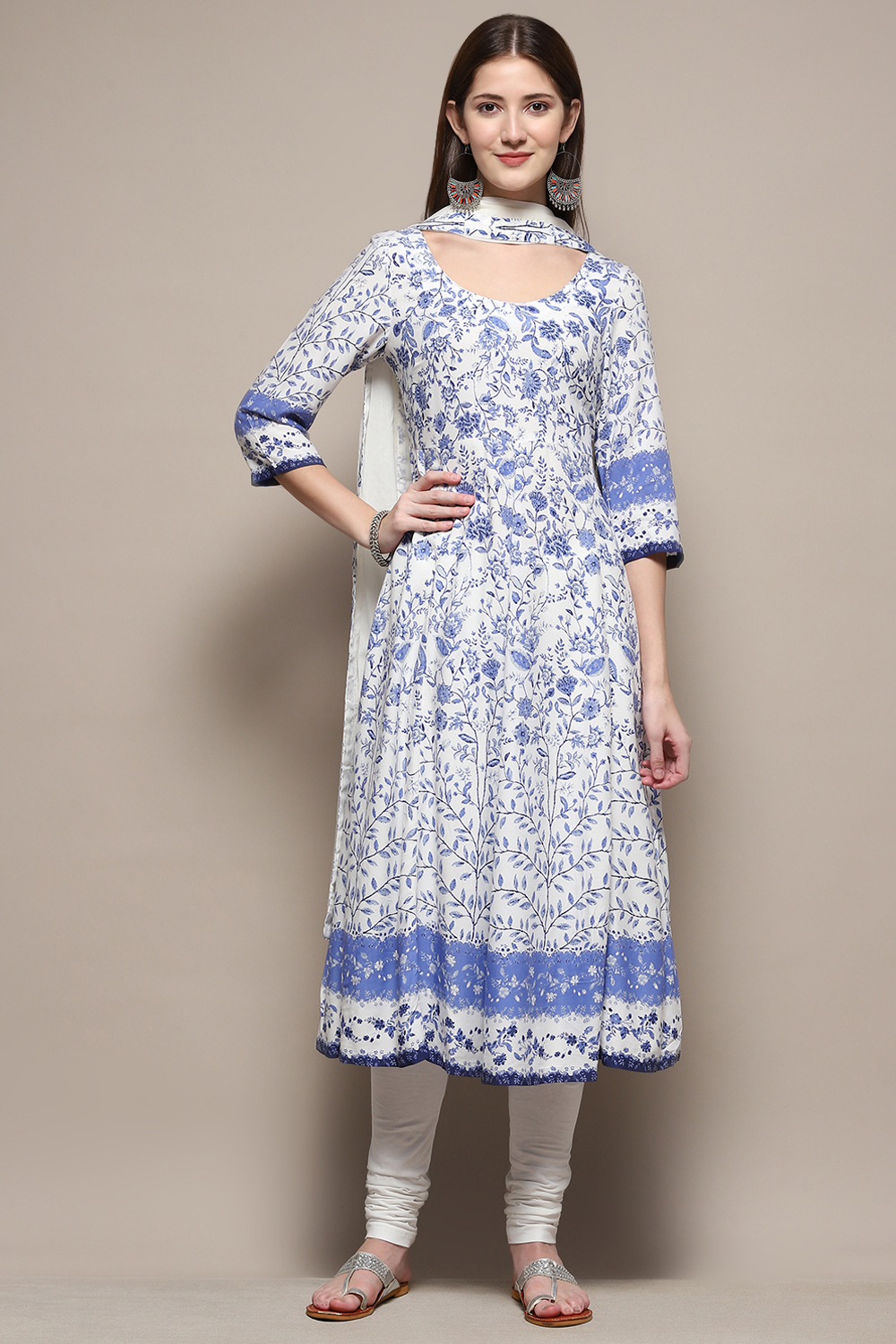 White & Blue Rayon Anarkali Kurta Churidar Suit Set image number 7