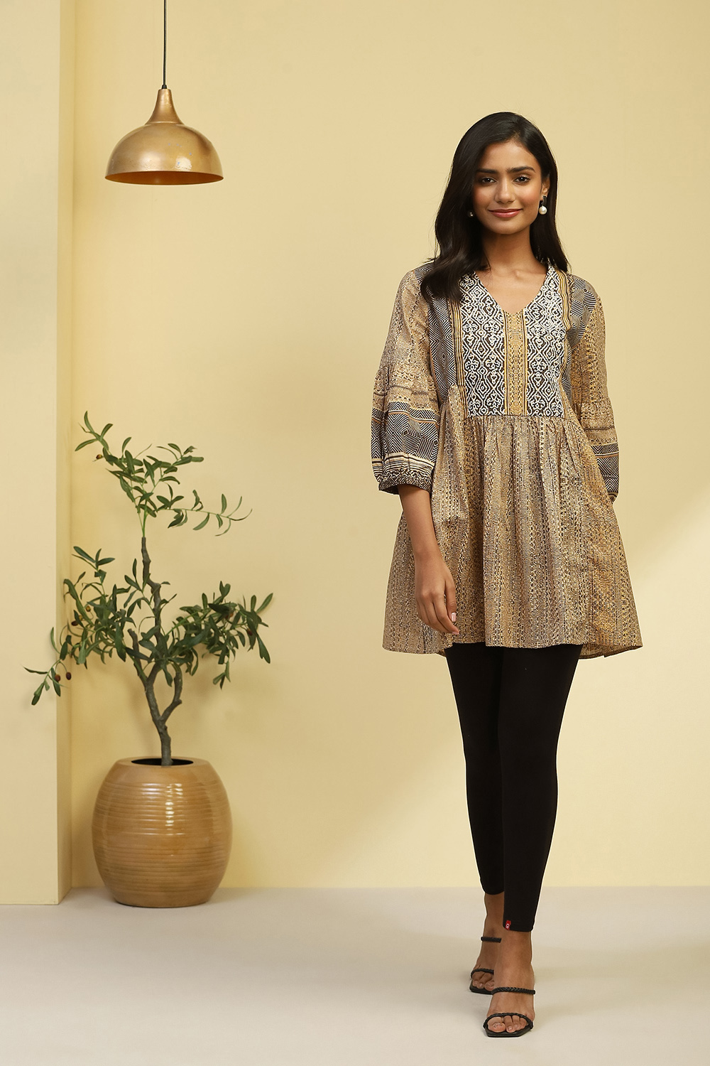 Beige Cotton Printed Flared Kurti image number 0