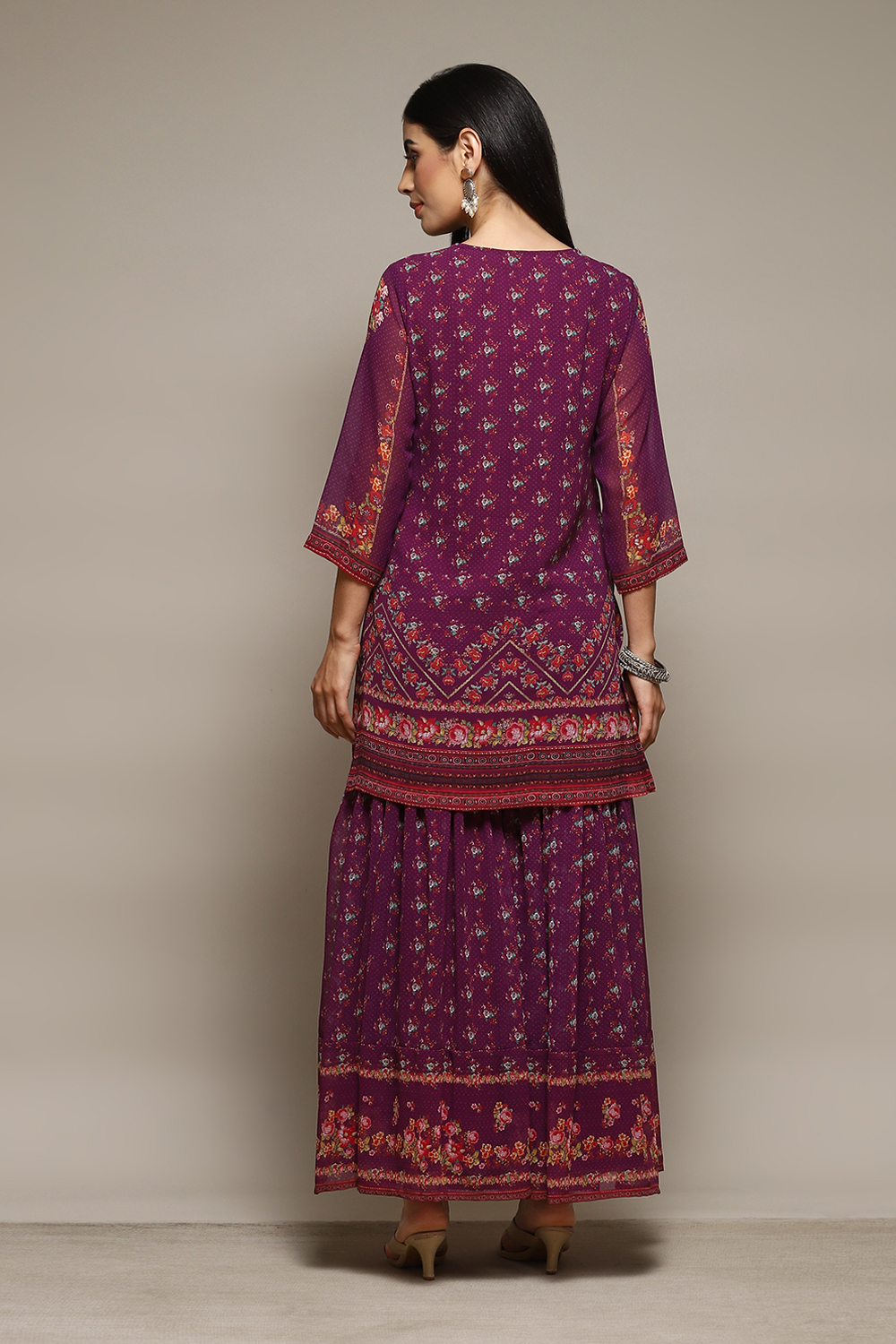 Purple Polyester Straight Printed Kurta Garara Suit Set