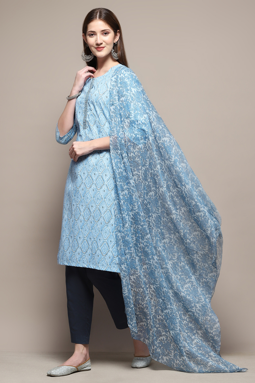 Marine Blue Printed Cotton Straight Suit Set image number 0