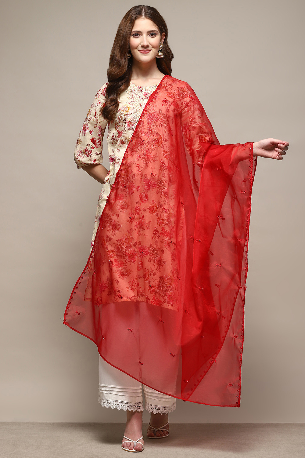 Red Embroidered Nylon Dupatta image number 3