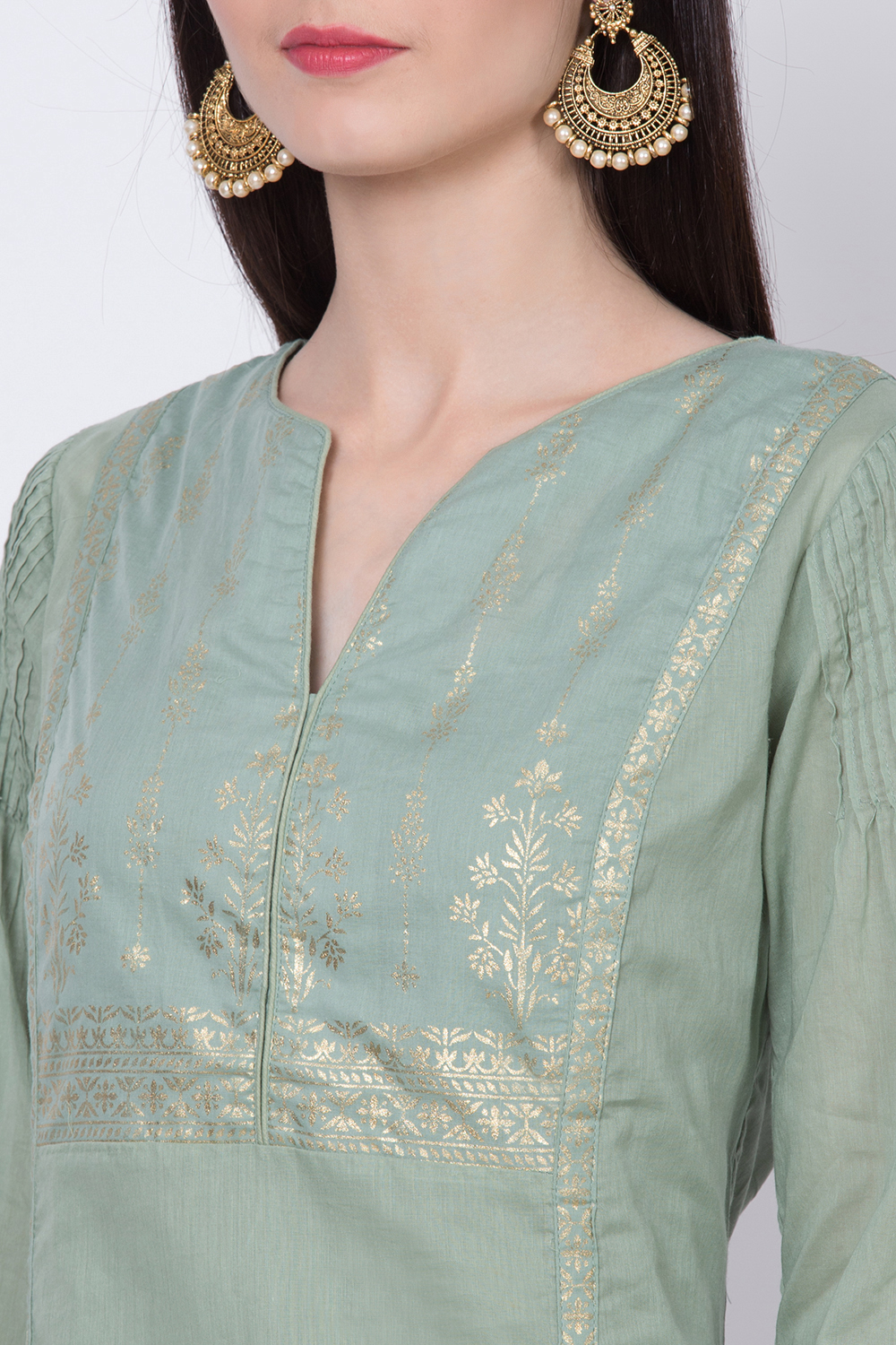 Green Cotton Flared Printed Kurta image number 1