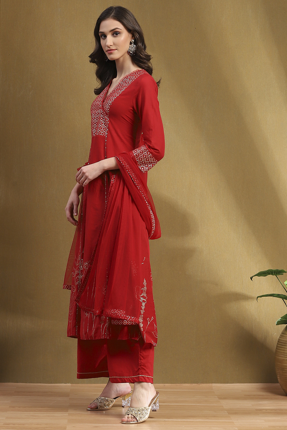 Red Cotton Printed Festive A-Line Suit Set image number 3