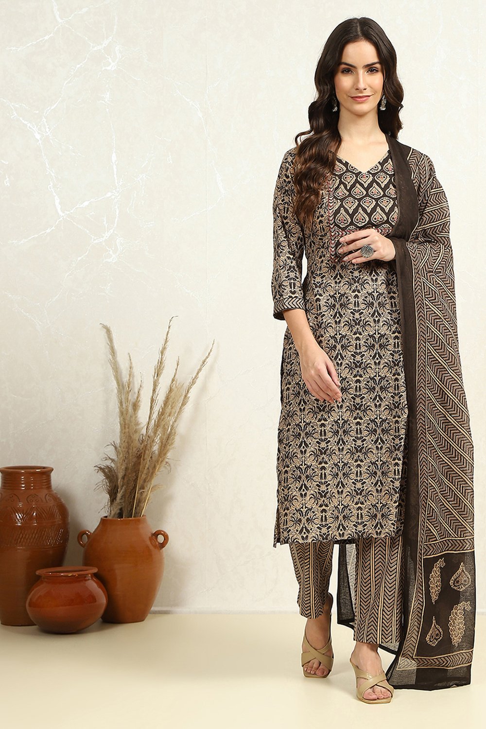 Brown and Pink Cotton Printed Unstitched Suit Set image number 7