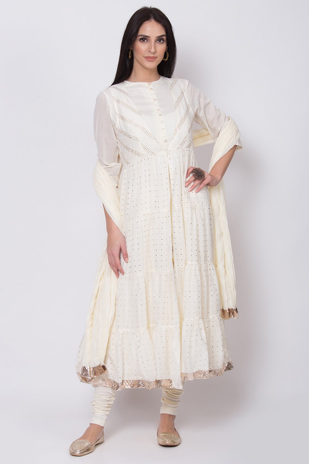 Off White Cotton Front Open Kurta Churidar Suit Set image number 0