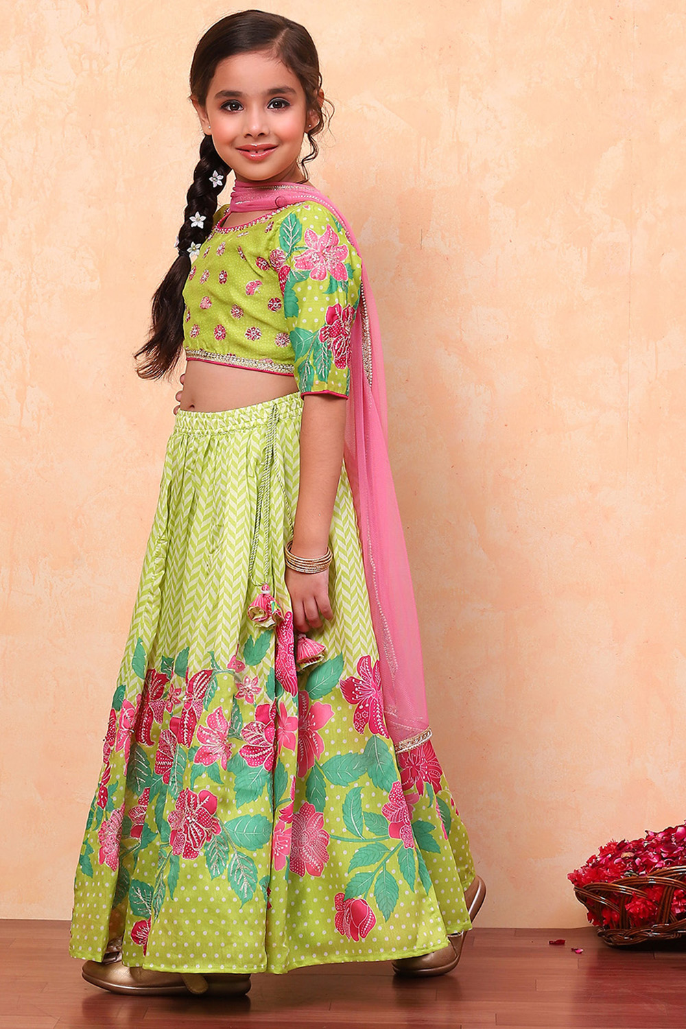 Lime Green Poly Chanderi Blouse Lehenga Set image number 5