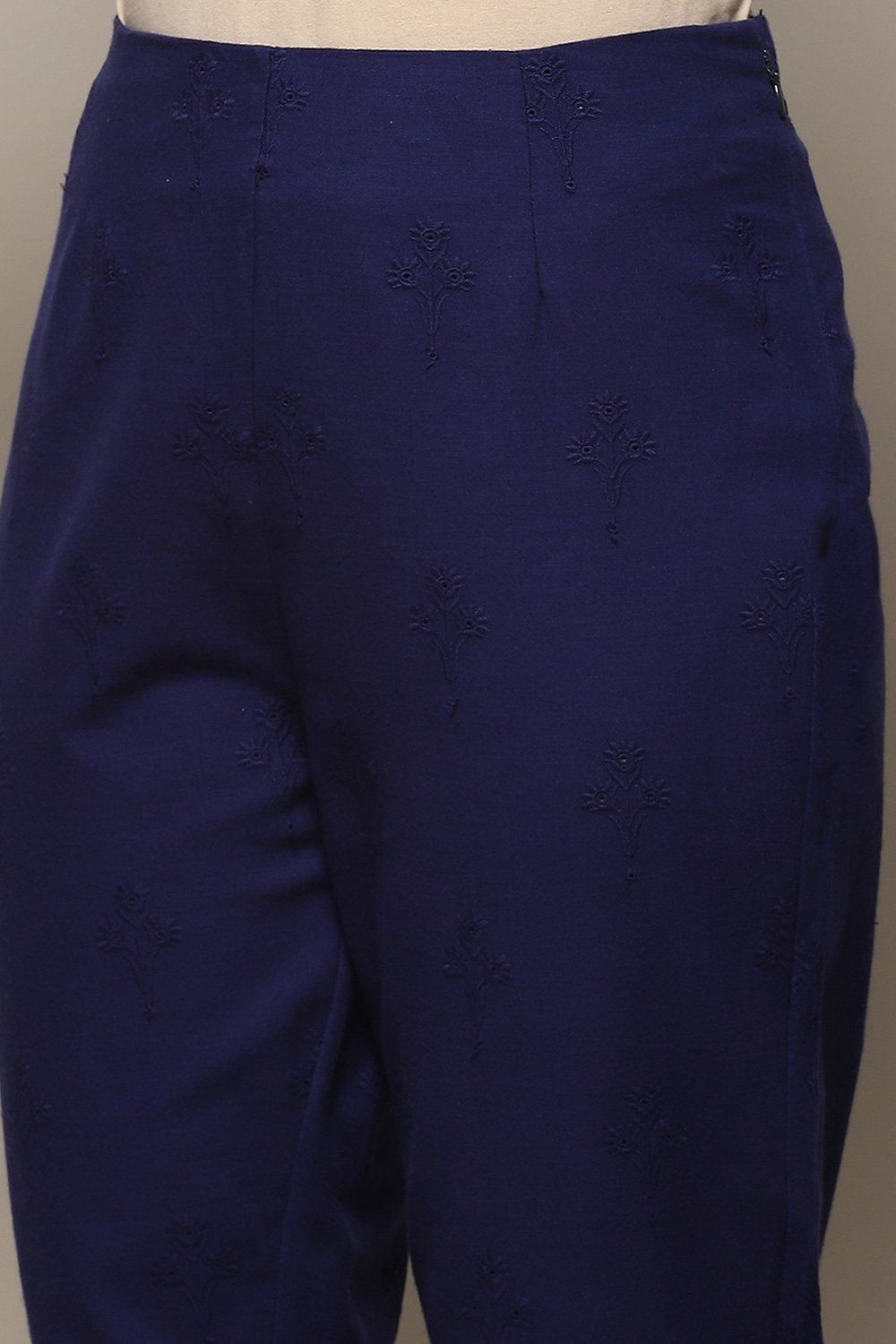 Indigo Blue Cotton Slim Embroidered Pants image number 1