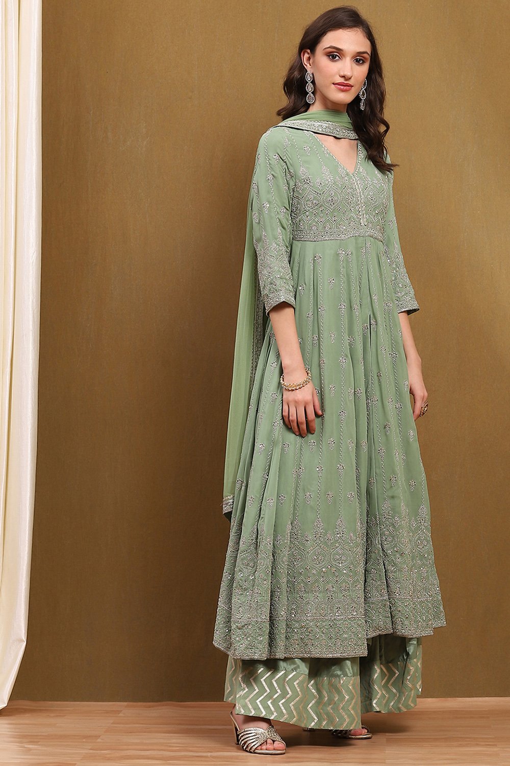 Green Viscose Georgette Anarkali Suit Set image number 5