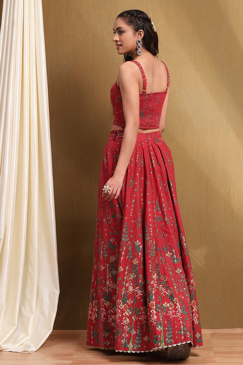 Red Satin Printed Lightweight Lehenga Set image number 4