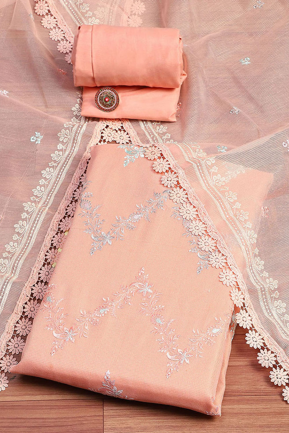 Peach-Coloured Floral Embroidered Unstitched Suit Set image number 0