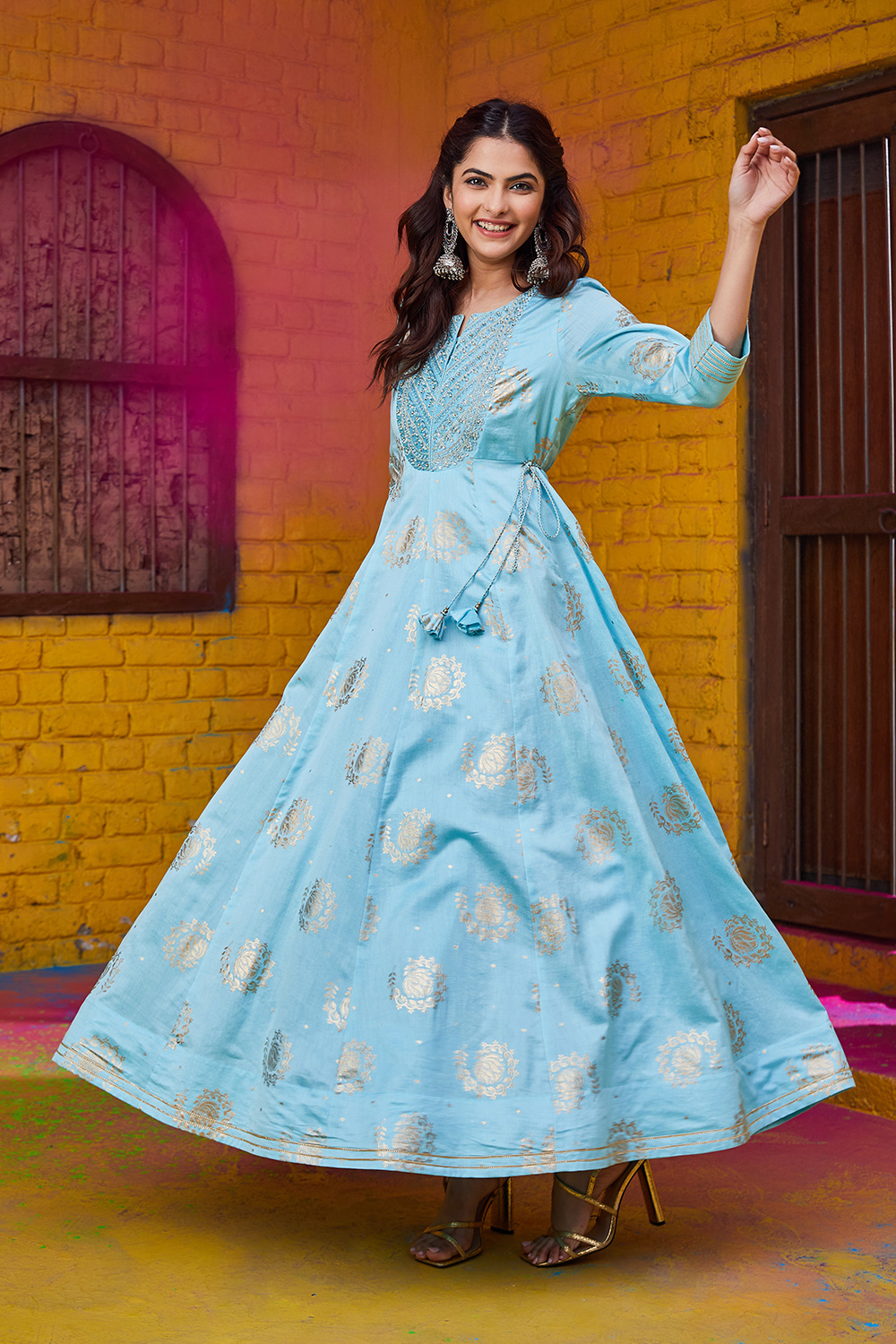 Sky Blue Foil Printed Festive Flared Dress  image number 0