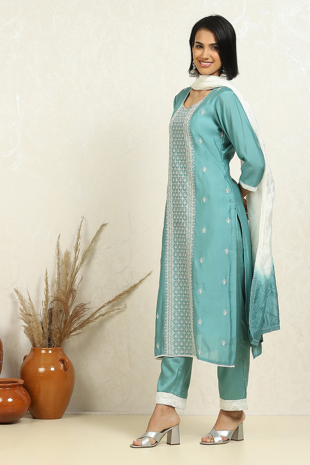 Grey Silk Blend Machine Embroidered Unstitched Suit Set image number 4