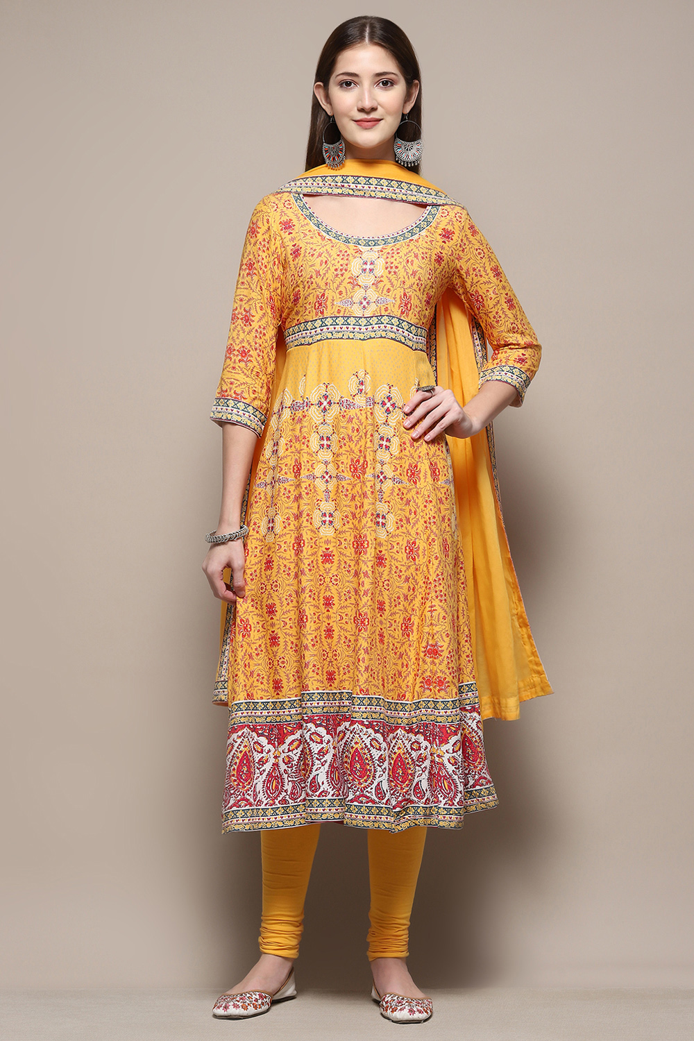 Yellow Rayon Anarkali Kurta Churidar Suit Set image number 7