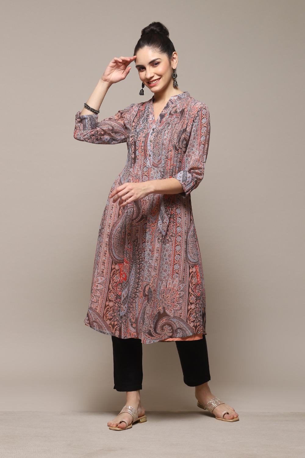 Peach & Blue Polyester Straight Printed Kurta image number 0