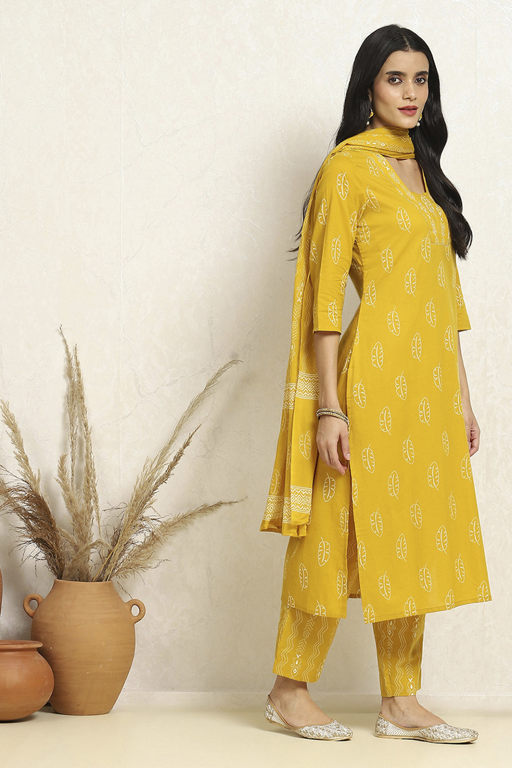 Mustard Yellow Cotton Printed Unstitched Suit Set image number 6