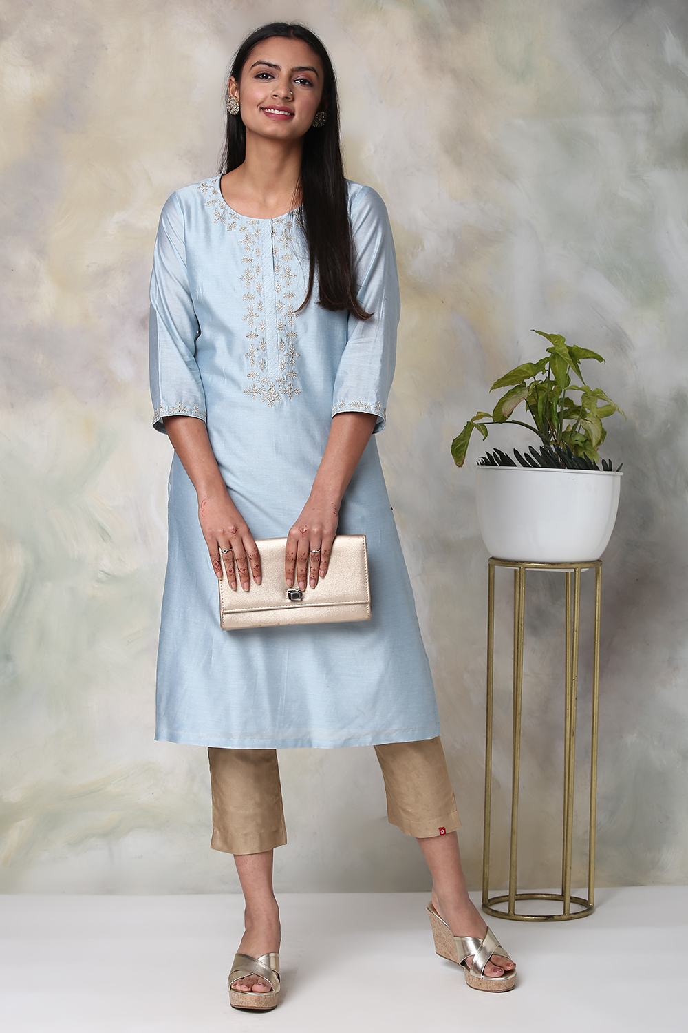 Sky Blue Cotton Silk Straight Yarndyed Kurta image number 3