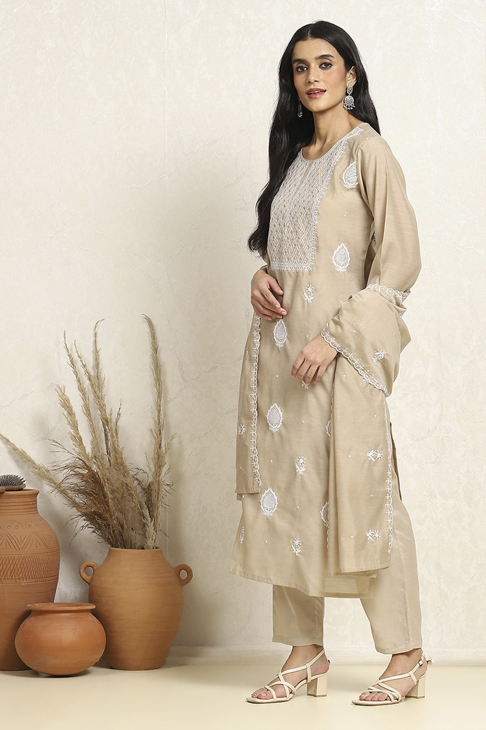 Beige Chanderi Machine Embroidered Unstitched Suit Set image number 4