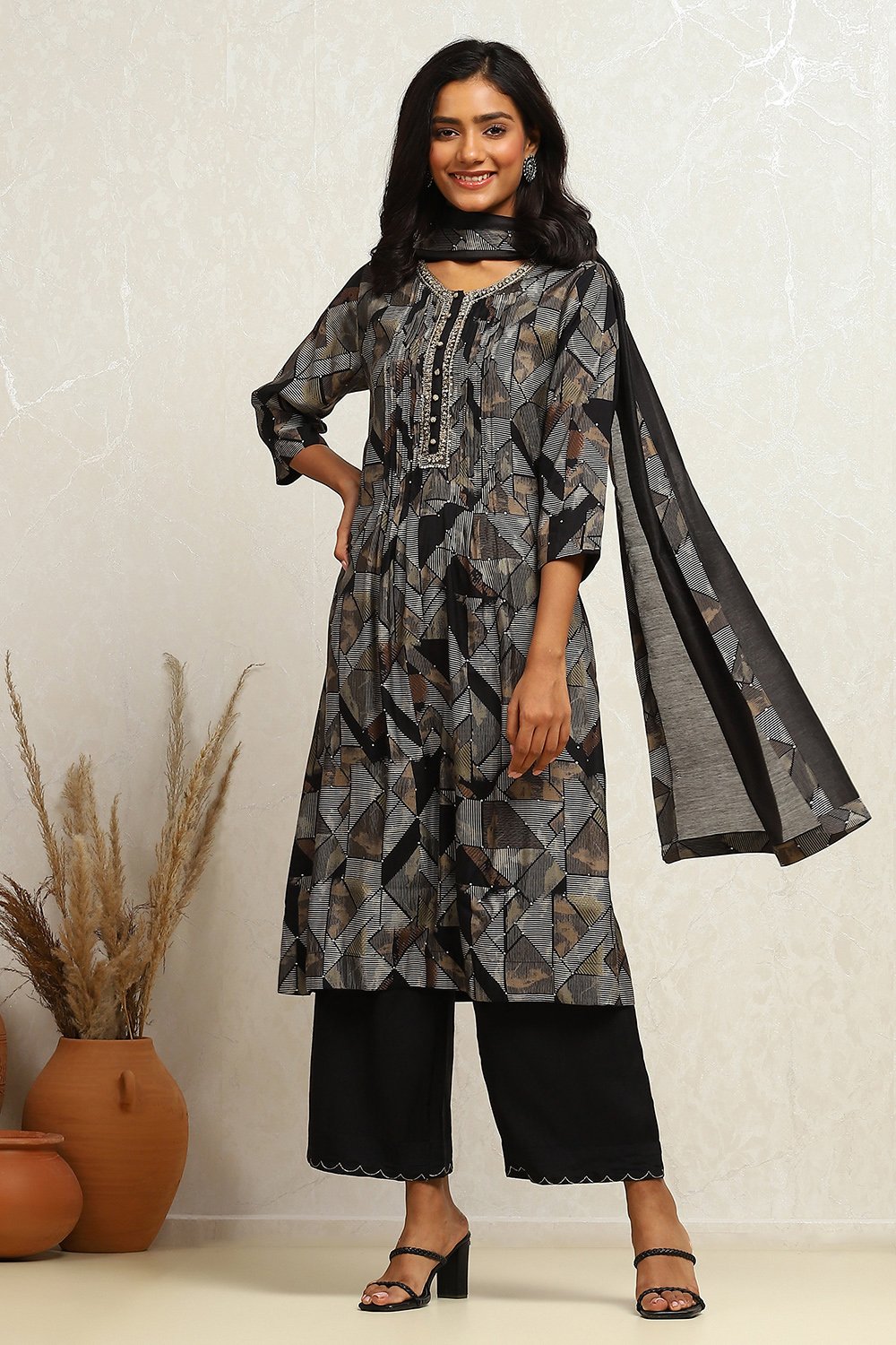 Black Modal Chanderi Printed Gathered A-line Suit Set image number 0