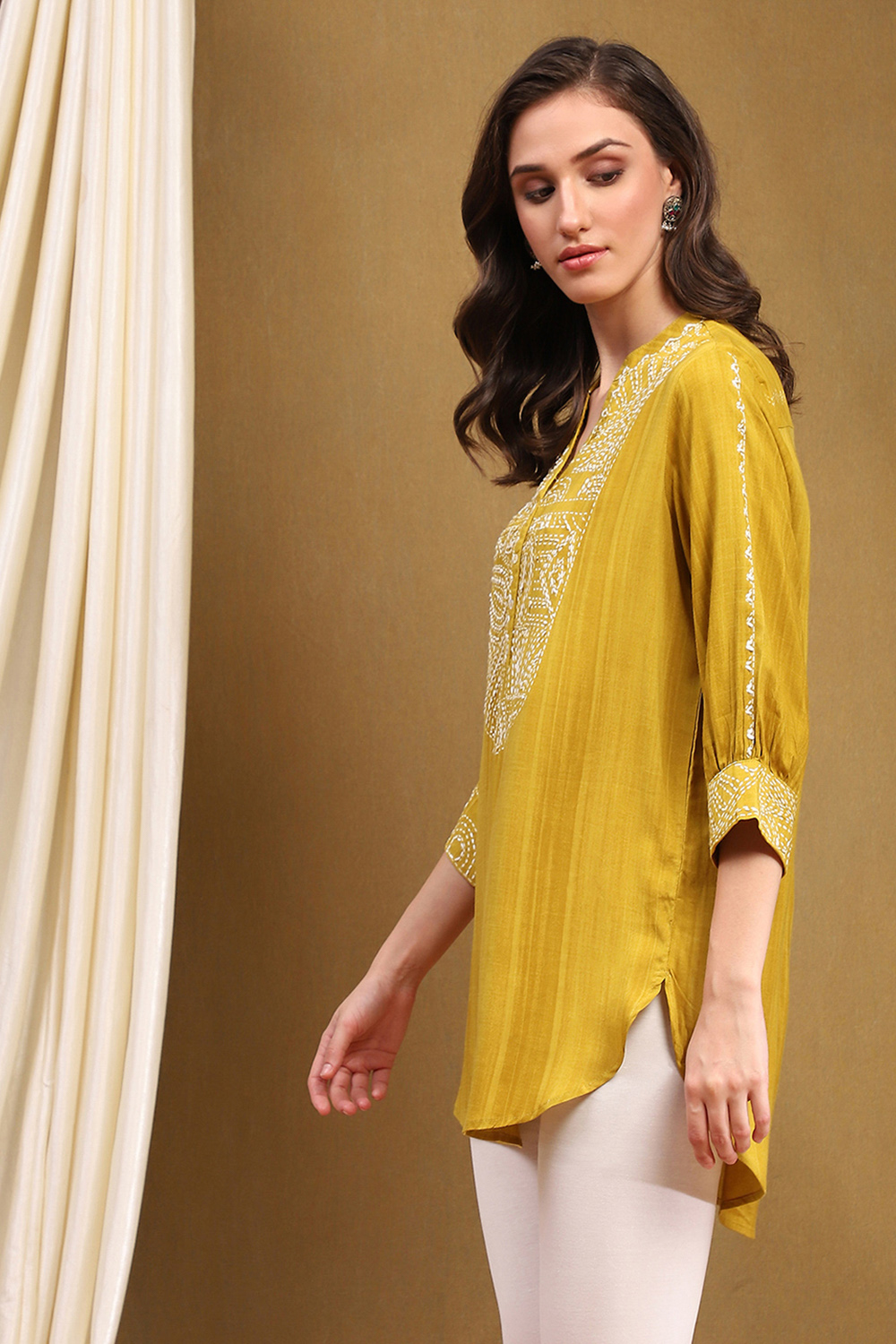 Mustard Yellow Liva Thread Work Straight Kurti image number 2