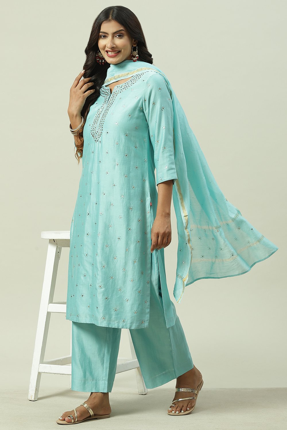 Turquoise Straight Kurta Palazzo Suit Set image number 6