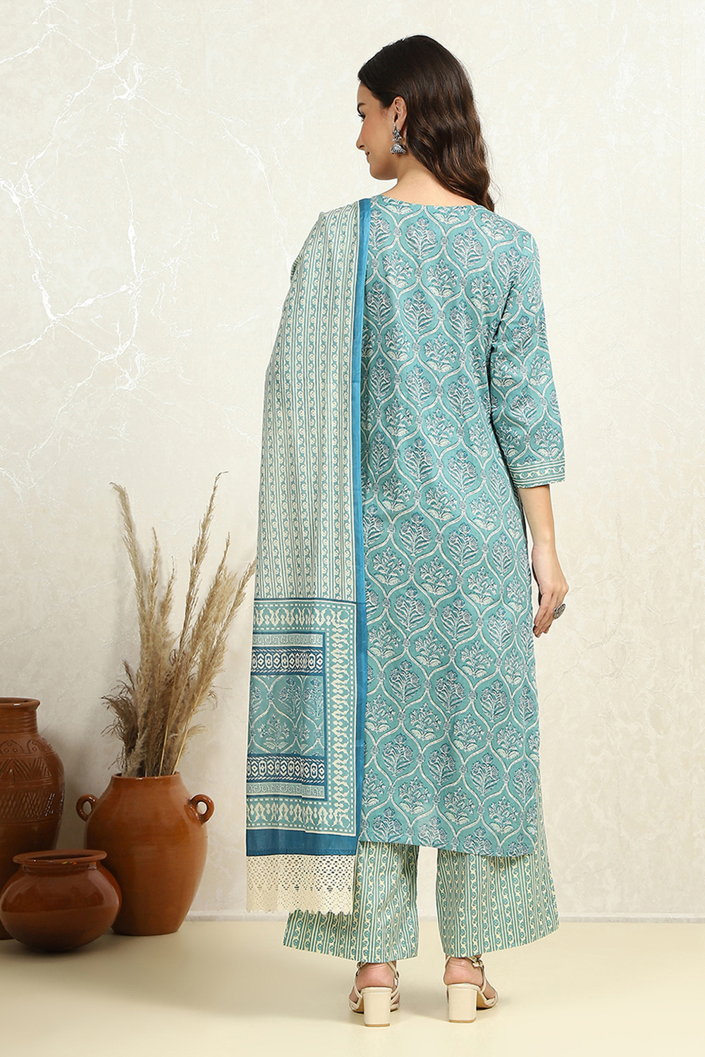 Blue Cotton Hand Block Print Unstitched Suit Set image number 5