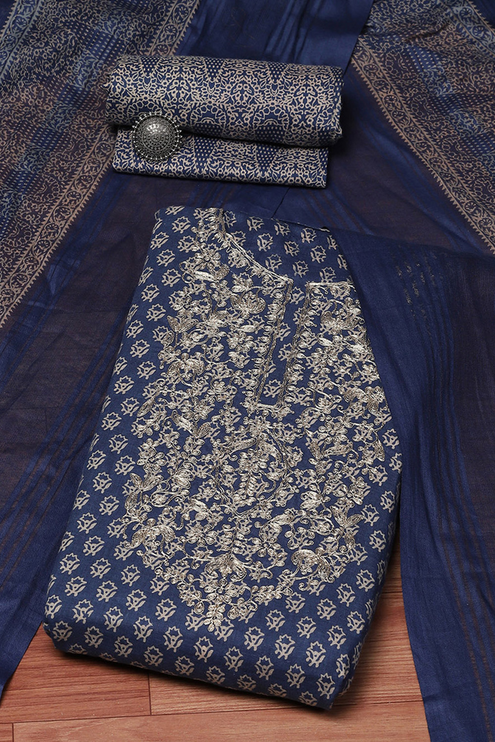 Blue Cotton Hand Embroidered Unstitched Suit Set image number 0
