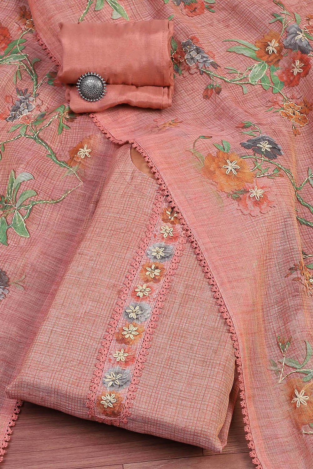 Grey Linen Blend Printed  Embroidered Unstitched Suit Set image number 0