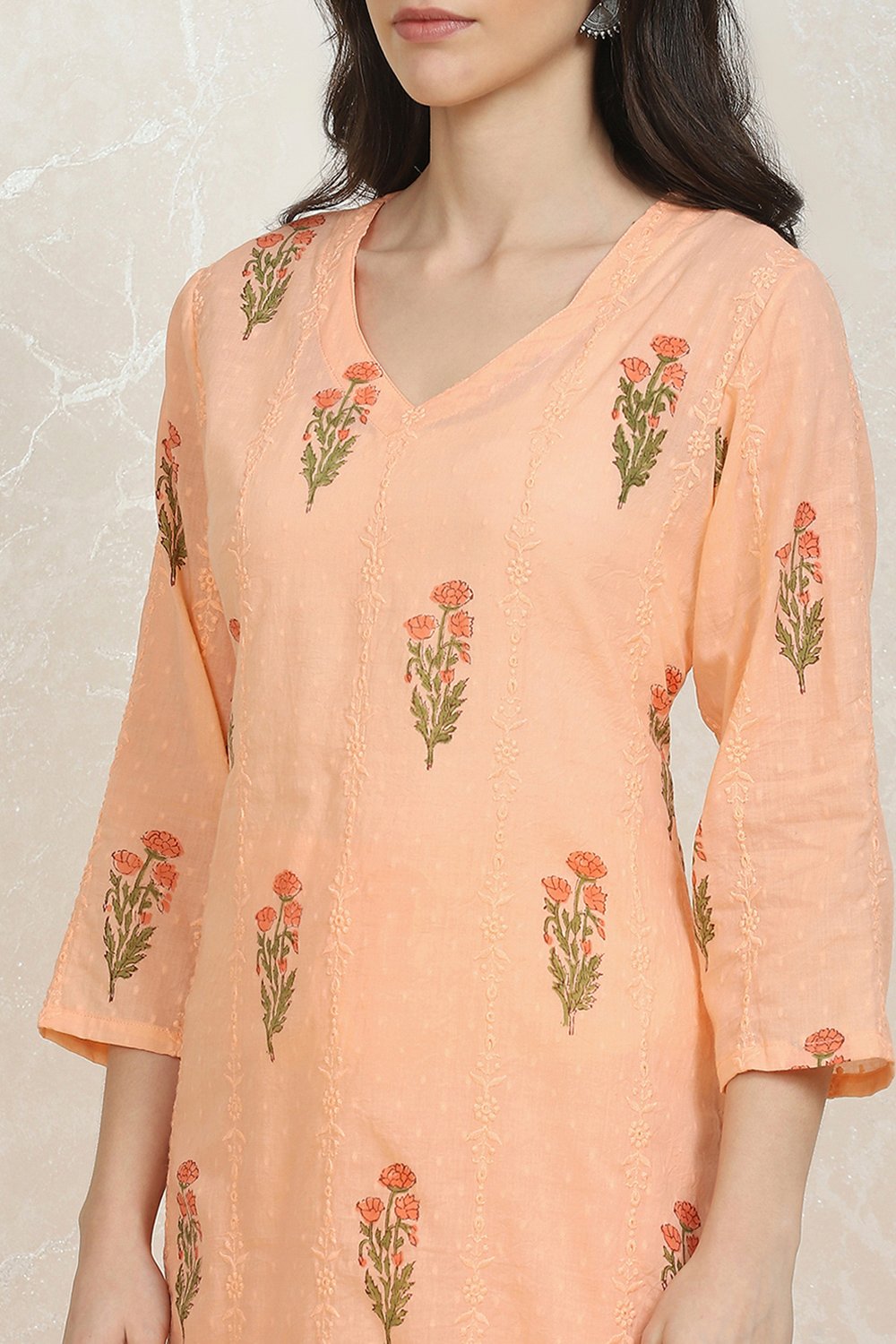 Peach Cotton Hand Block Print Unstitched Suit Set image number 2