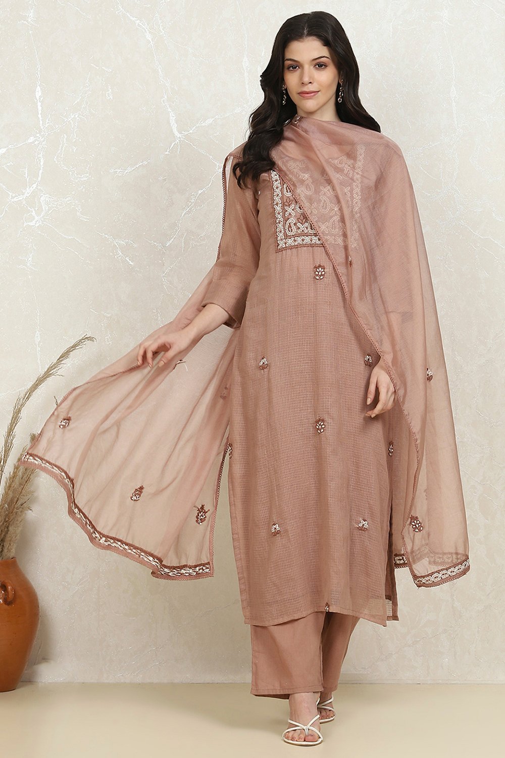 Brown Cotton Hand Embroidered Unstitched Suit Set image number 1