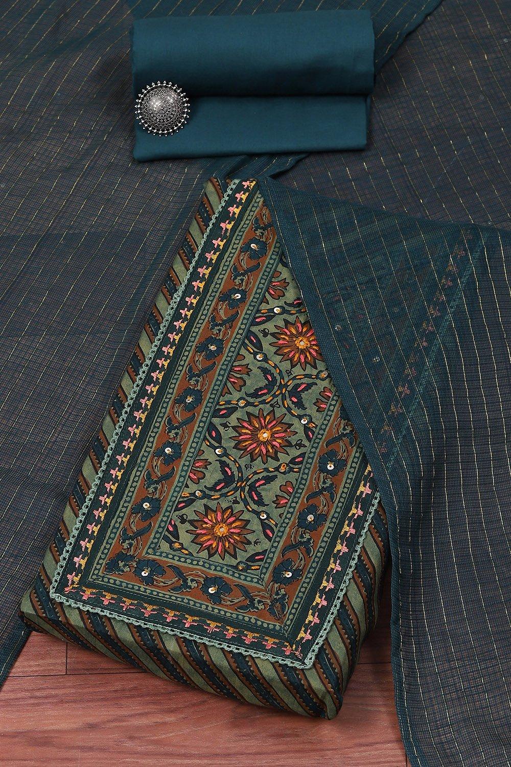 Teal Cotton Printed Unstitched Suit Set image number 0