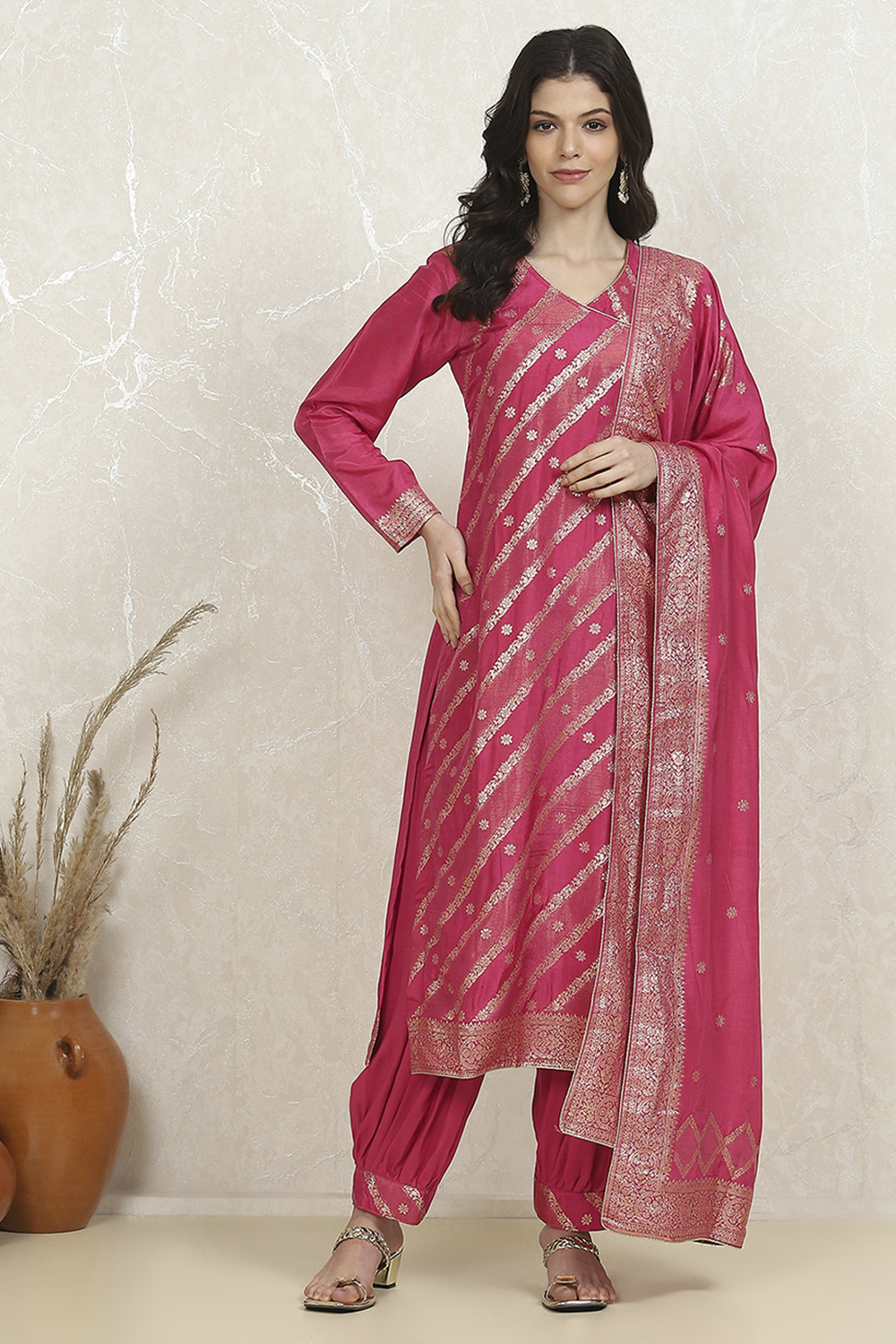 Pink Art Silk Woven Unstitched Suit Set image number 7