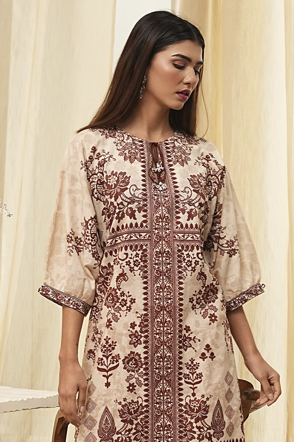 Beige and Brown Pure Cotton Printed Kurta Set image number 1