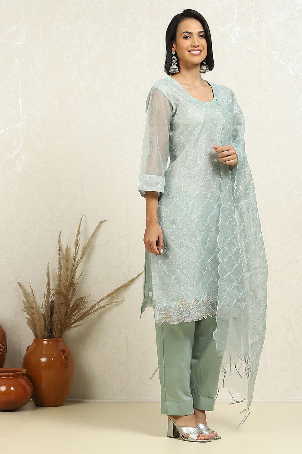 Grey Floral Thread Work Unstitched Suit Set image number 6