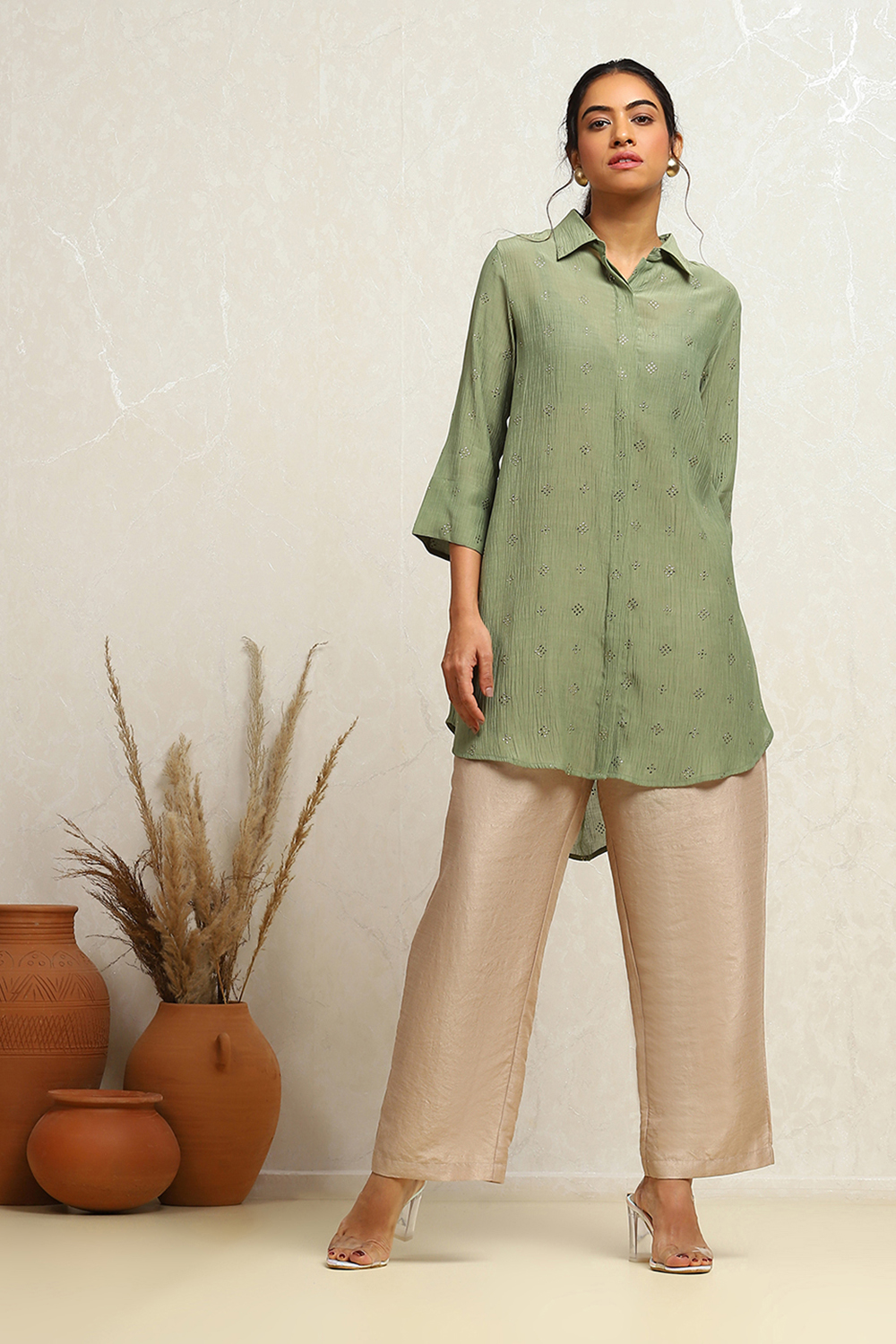 Sage Green Straight Shirt-Style Kurti image number 0