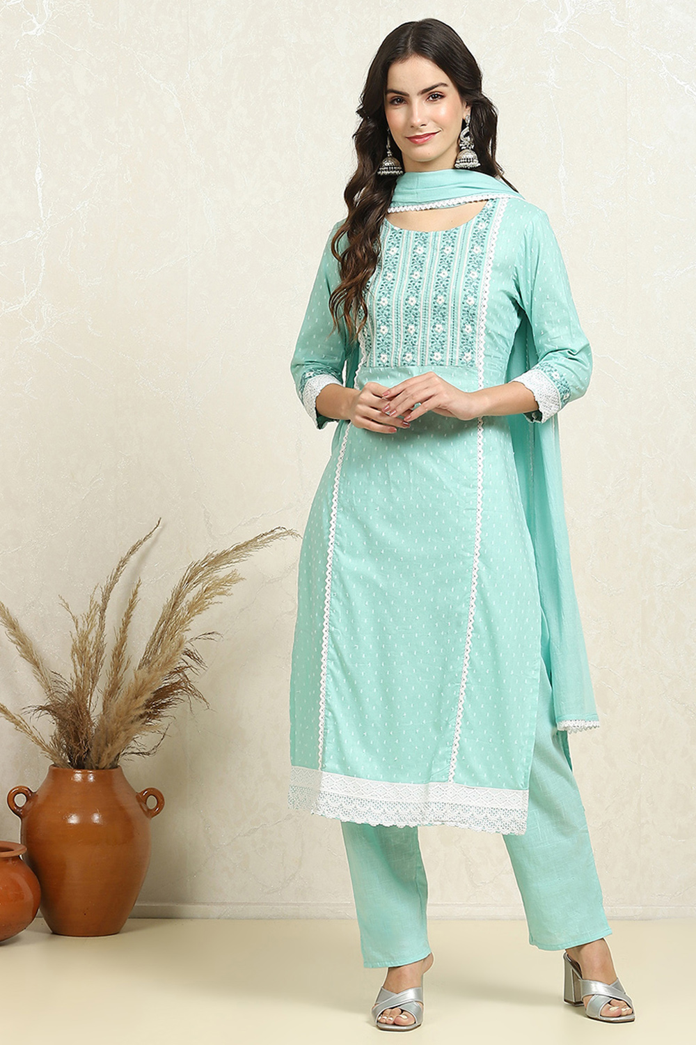 Blue Cotton Handloom Unstitched Suit Set image number 7