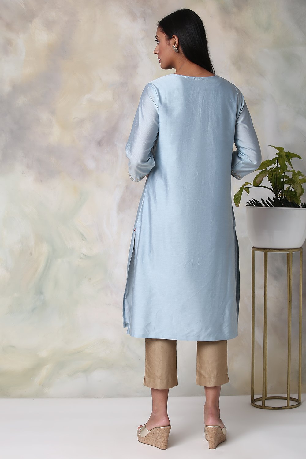 Sky Blue Cotton Silk Straight Yarndyed Kurta image number 5