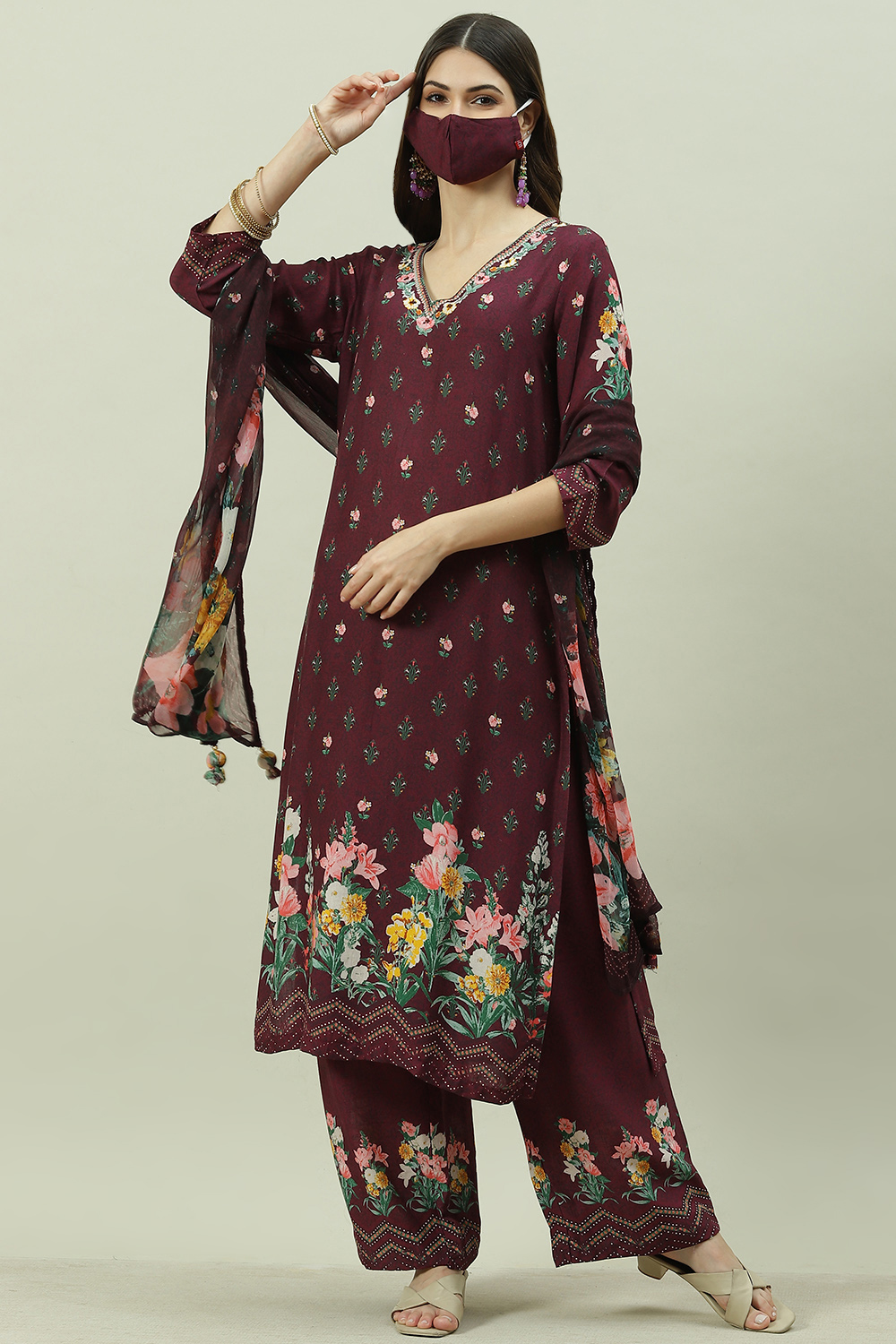 Wine Rayon Printed Straight Pant Kurta Palazzo Suit Set image number 6