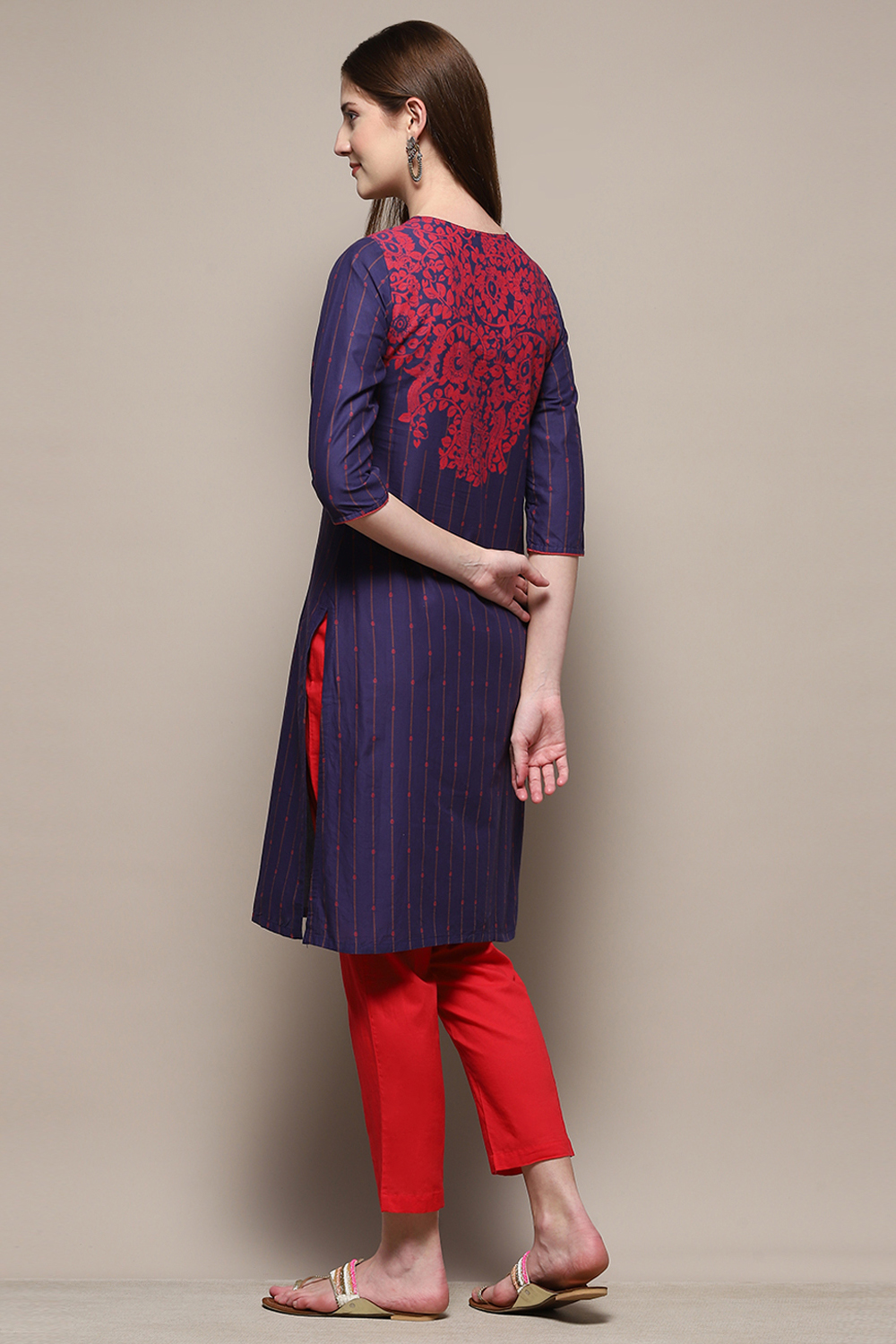 Blue Cotton Straight Printed Kurta image number 3