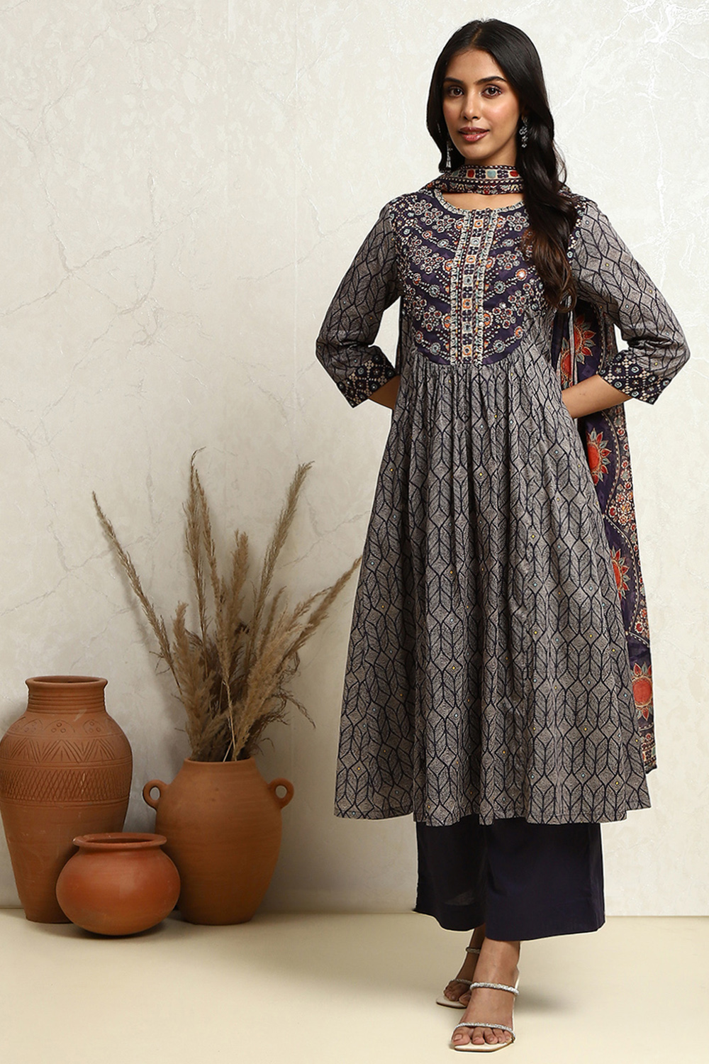 Indigo Cotton Printed Flared Festive Suit Set image number 0