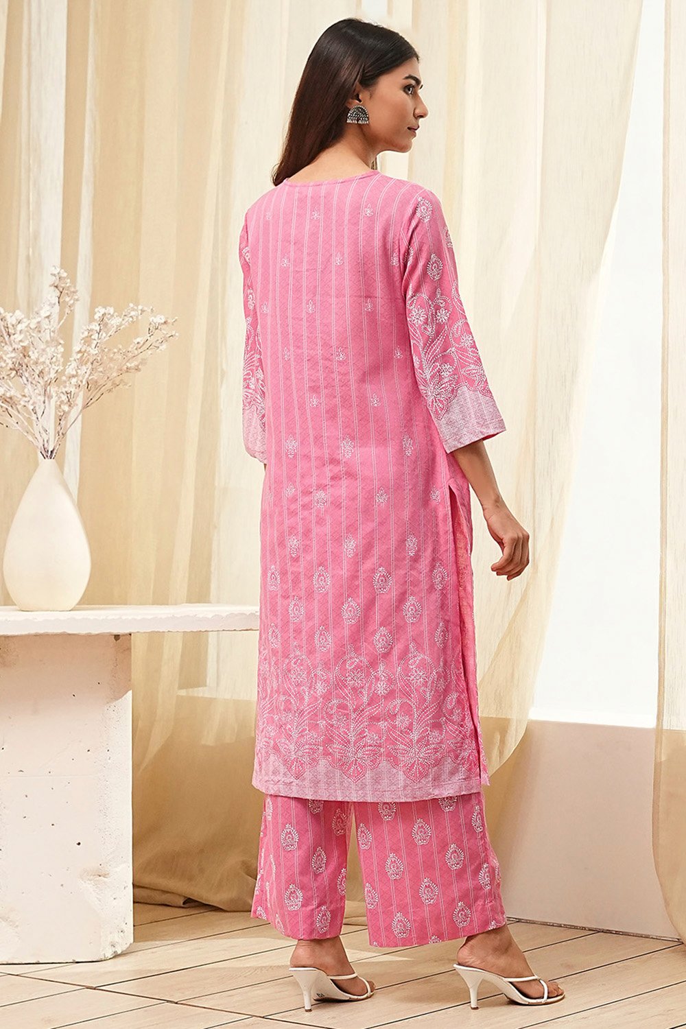 Pink Cotton Straight Suit Set image number 4